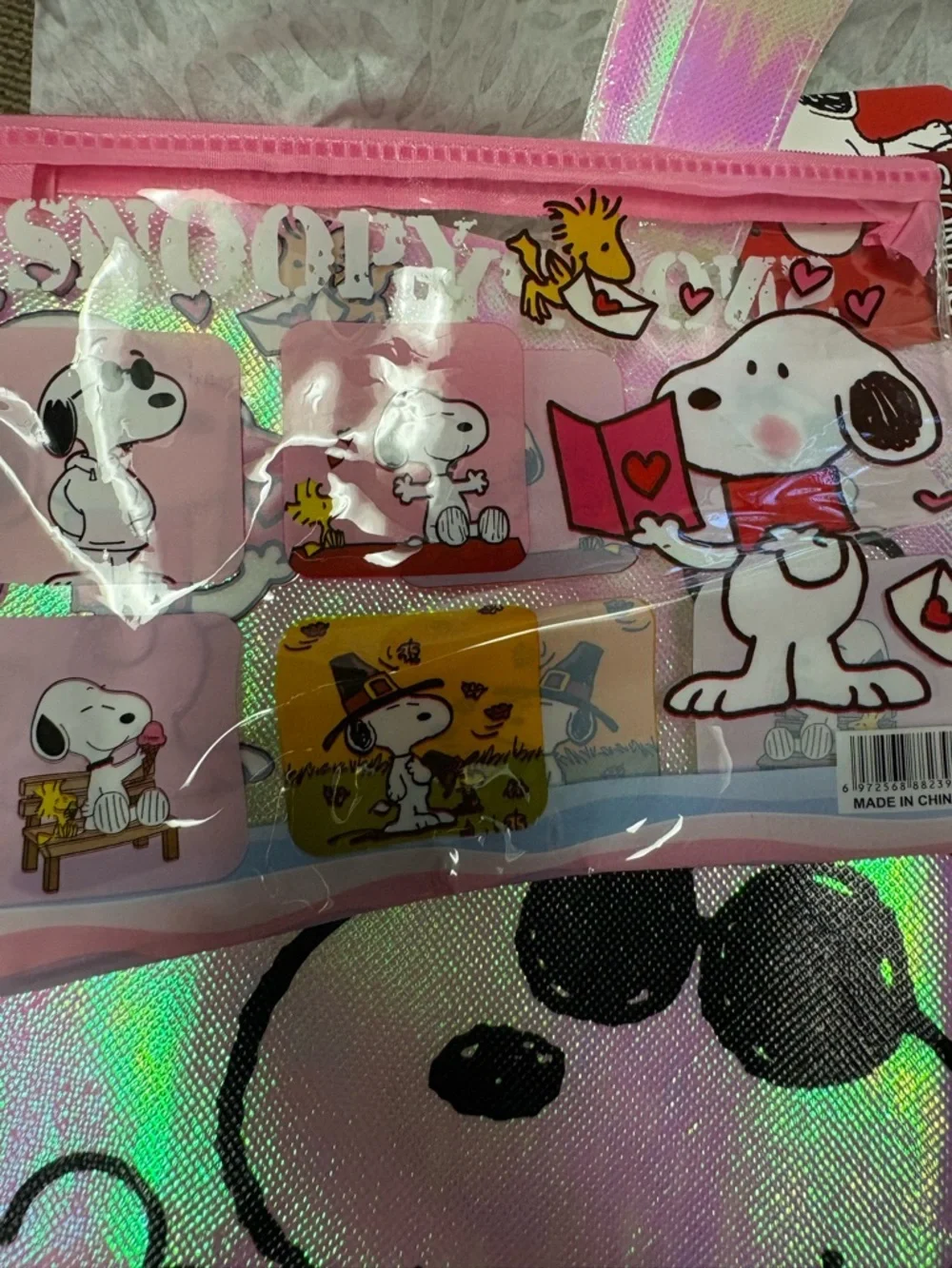 Peanuts Iridescent Pink Tote Bag with Snoopy Graphic and Matching Pouches - Picture 2 of 5
